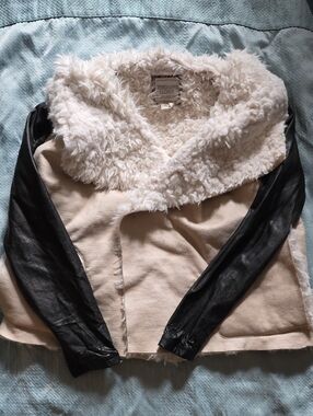 Cream Faux-Shearling Jacket with Black Faux-Leather Sleeves